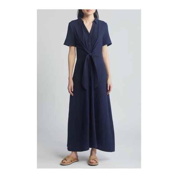 Caslon Vacation Tie Front Gauze Shirtdress in Navy NWT - Picture 1 of 10